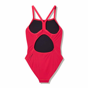 Speedo girls' Endurance+ logo thinstrap swimsuit in Post It Pink, featuring a sleek design and vibrant color for swimming.