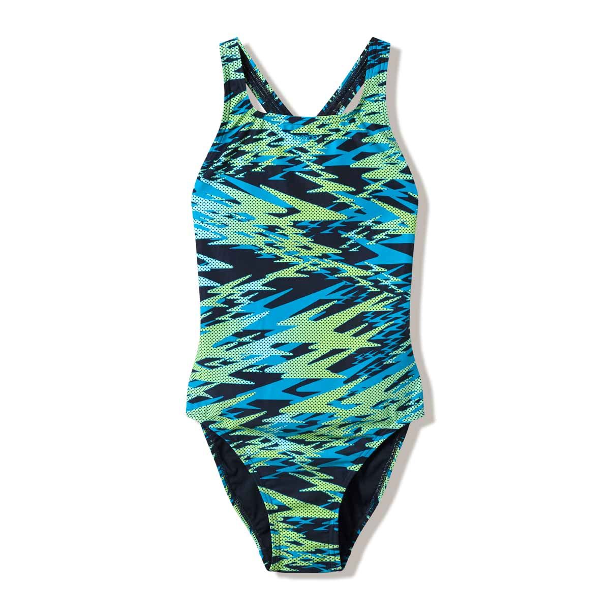 Speedo Women's Hyperboom Print Medalist Swimsuit in hyper teal, featuring a colorful pattern and supportive fit for swimming.