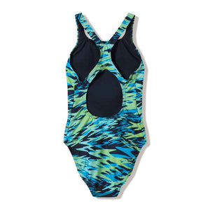 Speedo women's Hyperboom print Medalist swimsuit in hyper teal, featuring a sleek design and vibrant aquatic-inspired pattern.