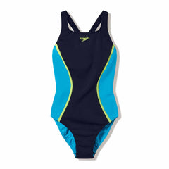 Speedo women's solid splice Medalist swimsuit in anthracite and hyper teal with sleek, streamlined design for competitive swimming.