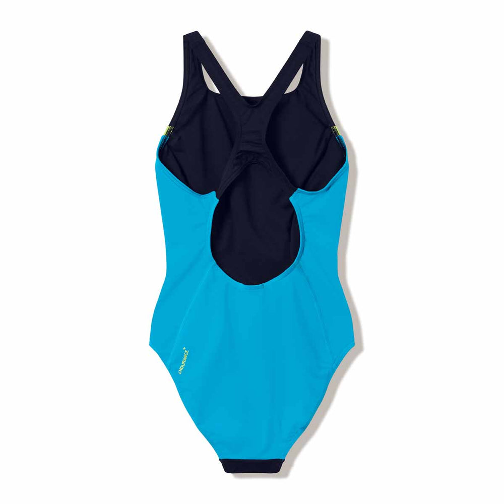Speedo women's solid splice Medalist swimsuit in anthracite and hyper teal, featuring a sleek, supportive design for swimming.