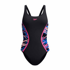 Speedo women's Hyperboom Splice muscleback swimsuit in anthracite and margarita pink, featuring a sleek design and supportive fit.