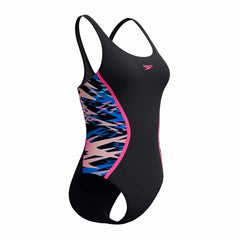 Speedo women's Hyperboom Splice muscleback swimsuit in anthracite and margarita pink, featuring a sleek design and supportive fit.