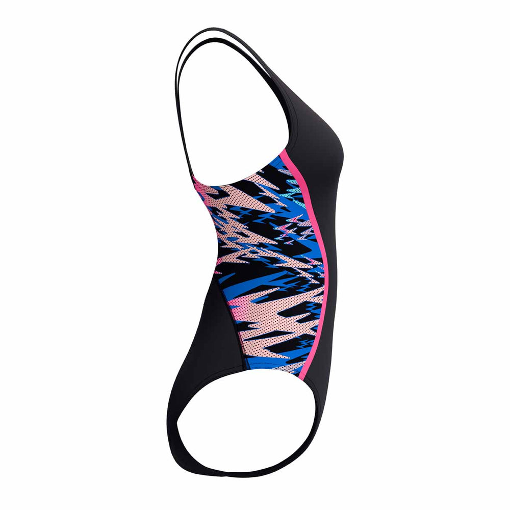 Speedo women's Hyperboom Splice muscleback swimsuit in anthracite and margarita pink, featuring a sleek design and sporty style.