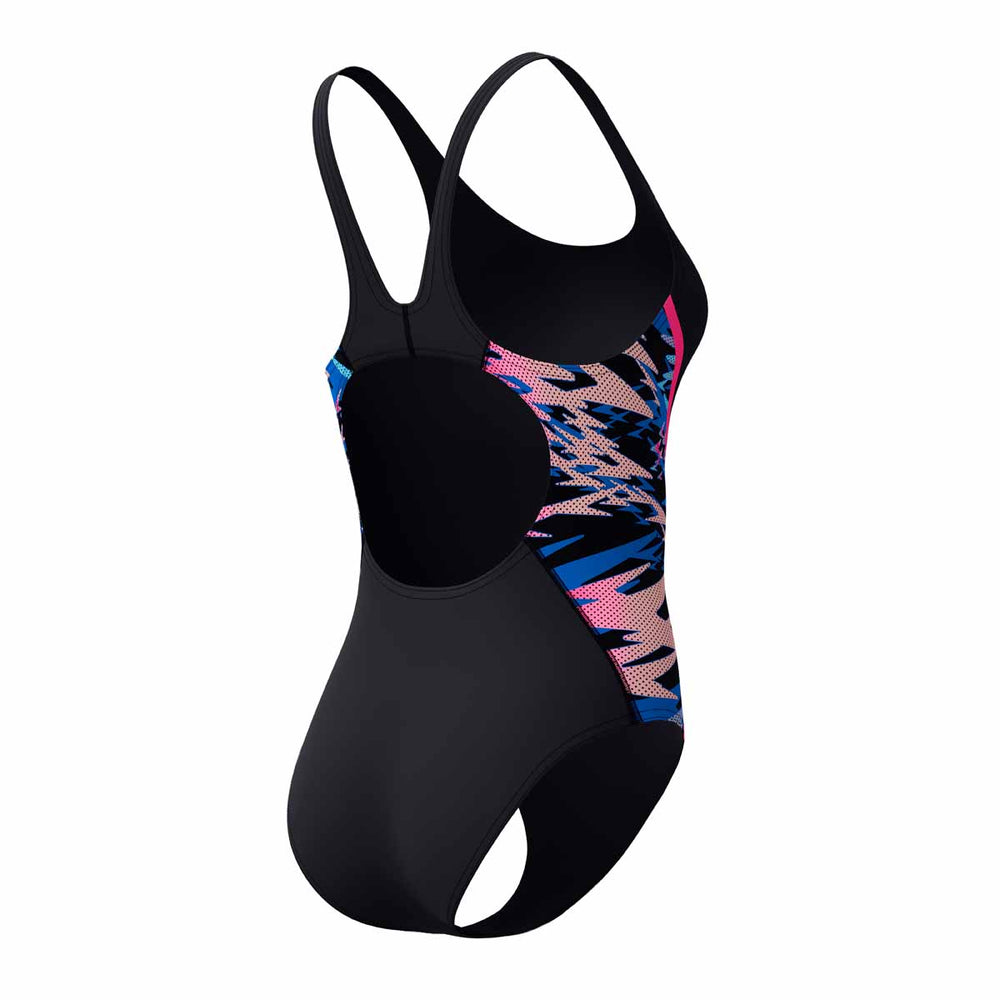 Speedo women's Hyperboom Splice muscleback swimsuit in anthracite and margarita pink, featuring a sleek, supportive design.
