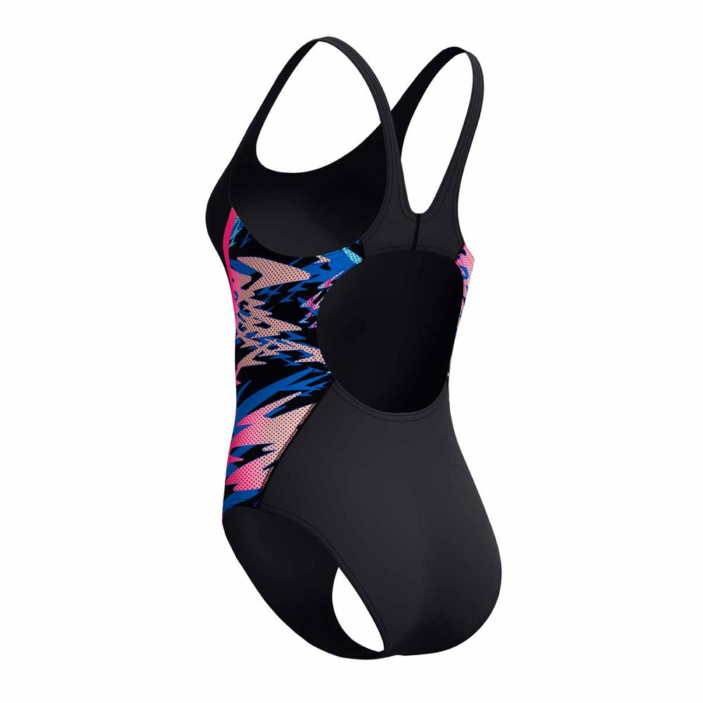 Speedo women's Hyperboom Splice Muscleback swimsuit in anthracite and margarita pink, showing the stylish, athletic swimwear design.