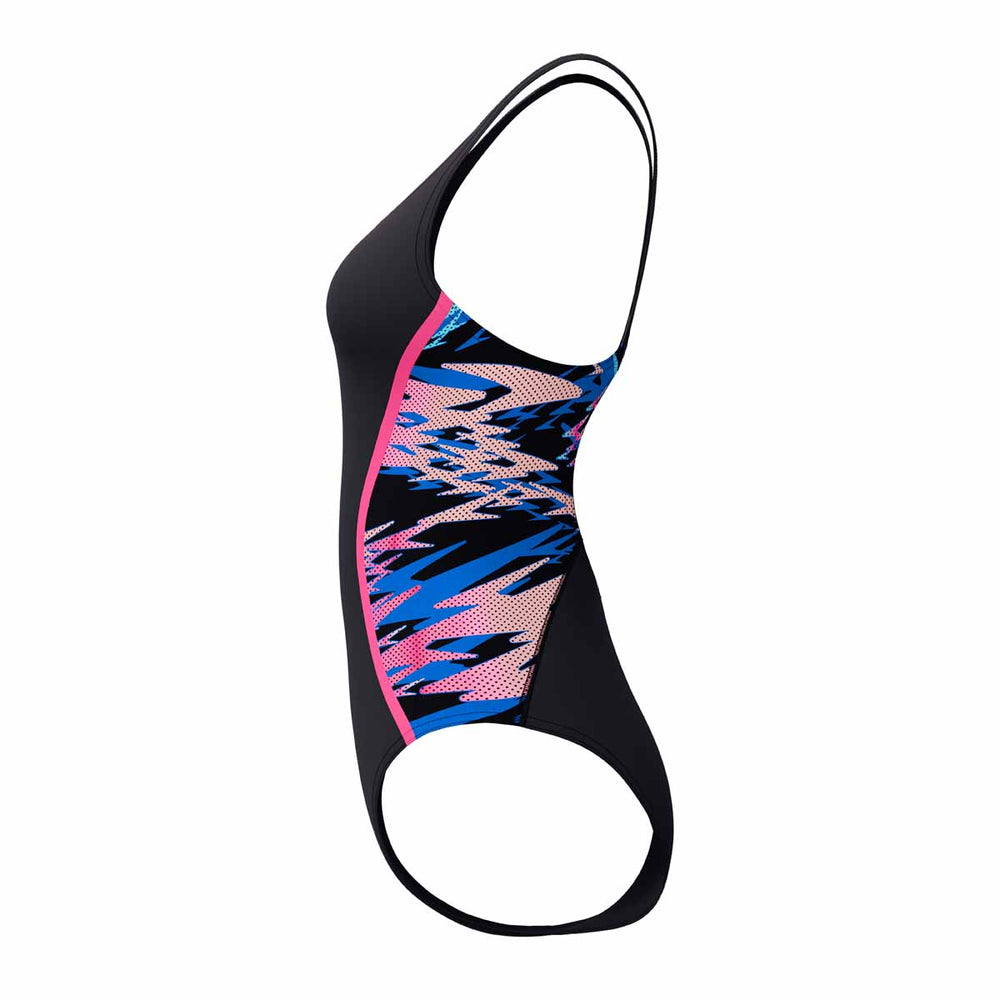 Speedo women's Hyperboom Splice muscleback swimsuit in anthracite and margarita pink, featuring a sleek swimwear design.
