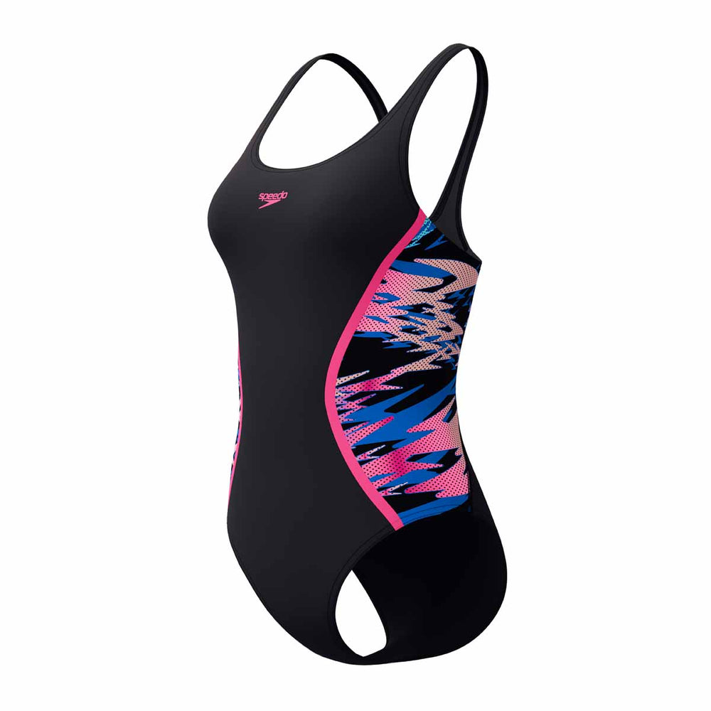 Speedo women's Hyperboom Splice Muscleback swimsuit in anthracite and margarita pink, showcasing a sleek athletic swimwear design.