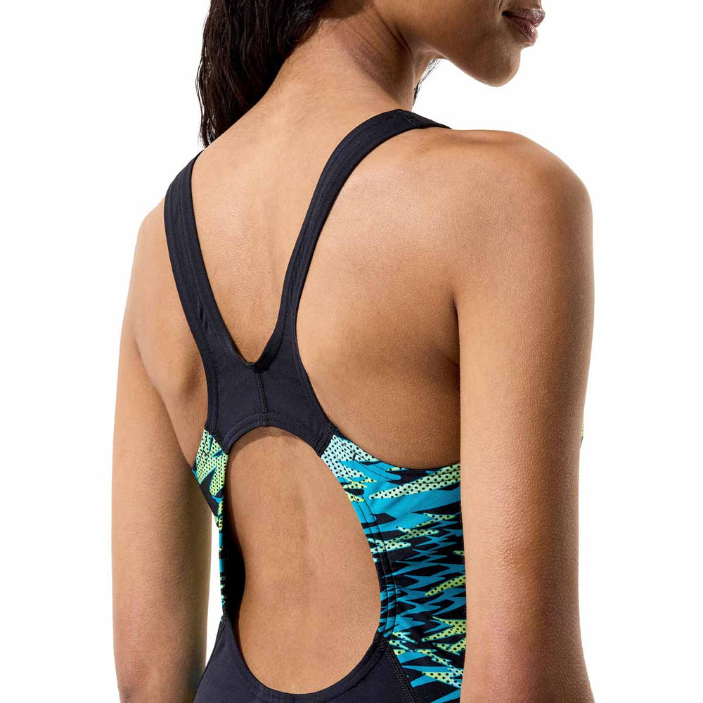 Speedo women's Hyperboom Splice muscleback swimsuit in anthracite and hyper teal, designed for comfortable swimming and active wear.