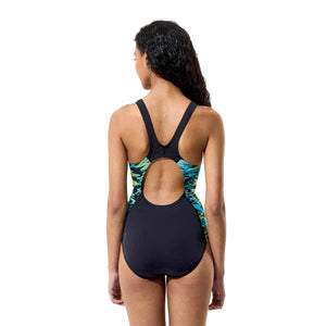 Speedo women's Hyperboom Splice muscleback swimsuit in anthracite and hyper teal, featuring a sleek design and athletic fit.