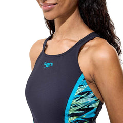 Speedo women's Hyperboom Splice tankini set in anthracite and hyper teal, featuring a stylish two-piece swimsuit with sporty design.