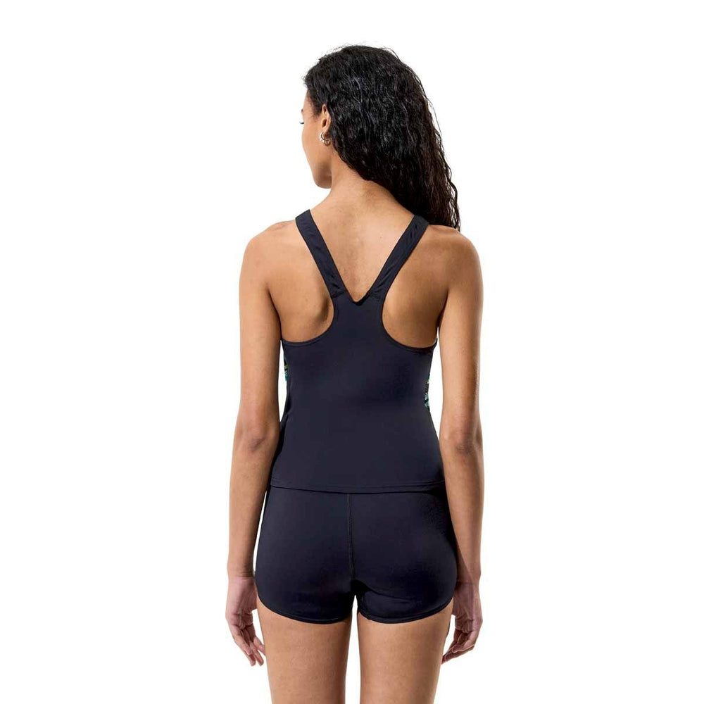 Speedo Women's Hyperboom Splice Tankini Set in anthracite and hyper teal, featuring a sleek tankini top and matching bottoms.