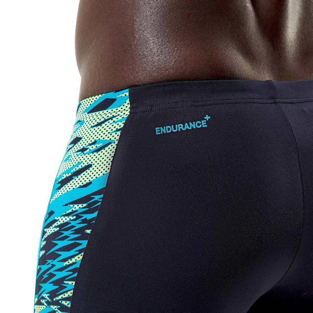 Speedo men's Hyperboom Splice jammer swimsuit in anthracite and hyper teal, featuring a sleek, fitted swim jammers design.