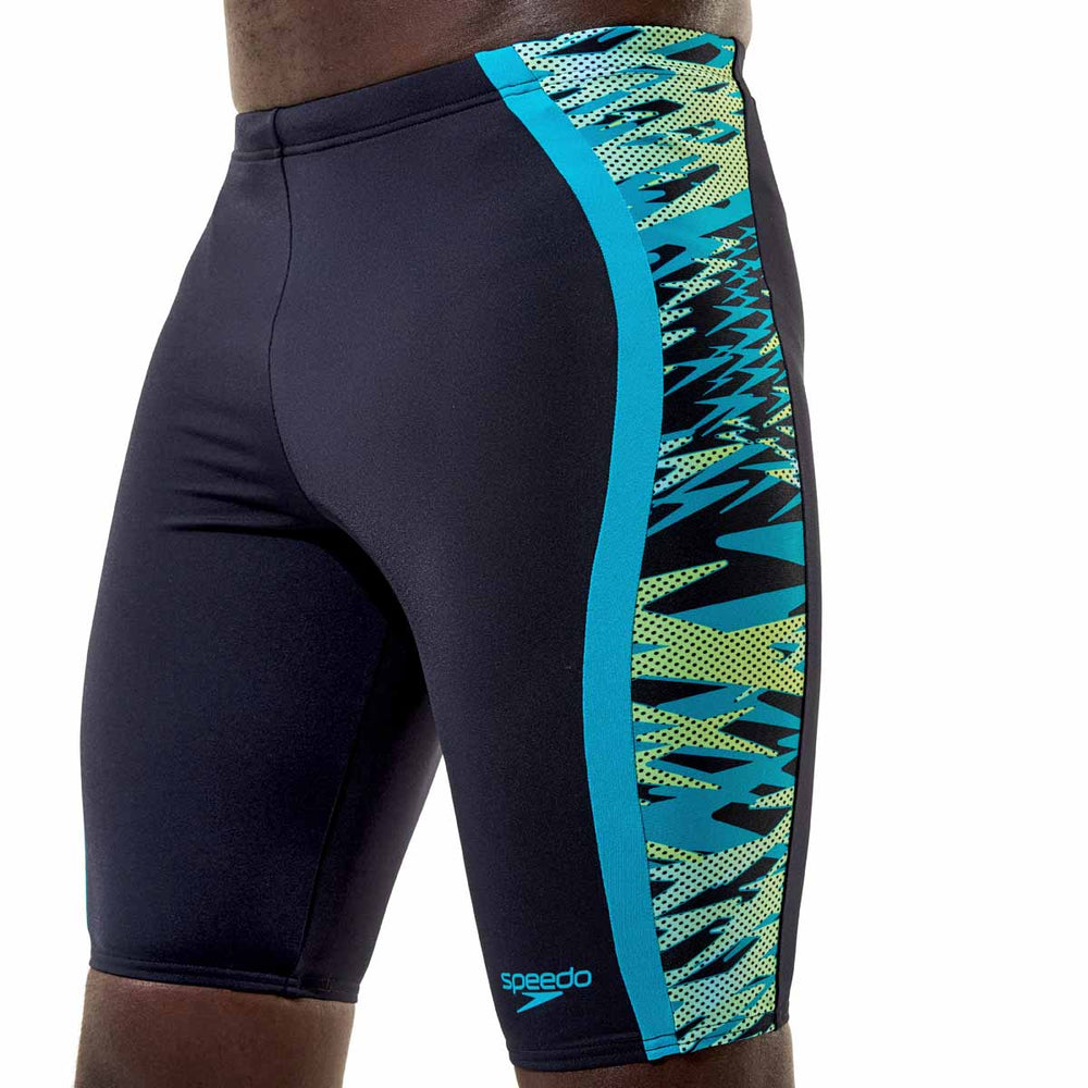 Speedo men's Hyperboom Splice jammer swimsuit in anthracite and hyper teal, featuring a sleek, streamlined design for competitive swimming.