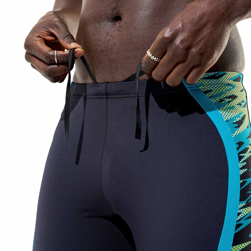 Speedo men's Hyperboom Splice jammer swimsuit in anthracite and hyper teal, featuring a sleek, fitted swimwear design.