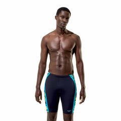 Speedo men's Hyperboom Splice jammer swimsuit in anthracite and hyper teal with a sleek, fitted design for competitive swimming.