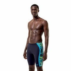 Speedo men's Hyperboom Splice jammer swimwear in anthracite and hyper teal with a sleek, fitted design for competitive swimming.