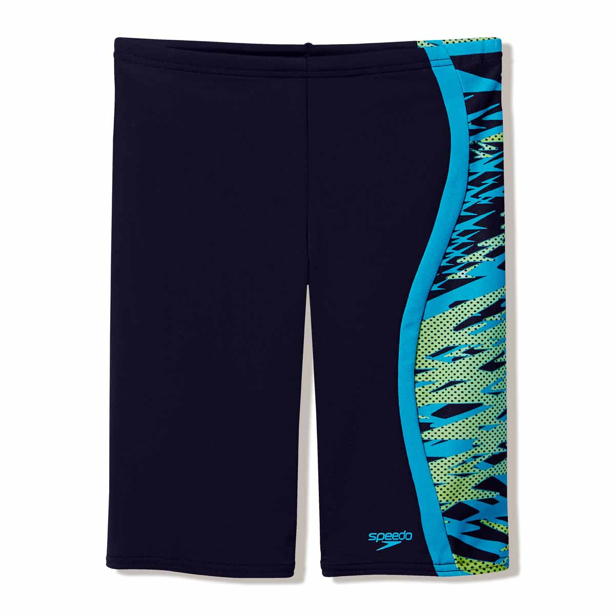 Speedo boys Hyperboom Splice jammer in anthracite and hyper teal, featuring a sleek swimwear design with colorful splice pattern.