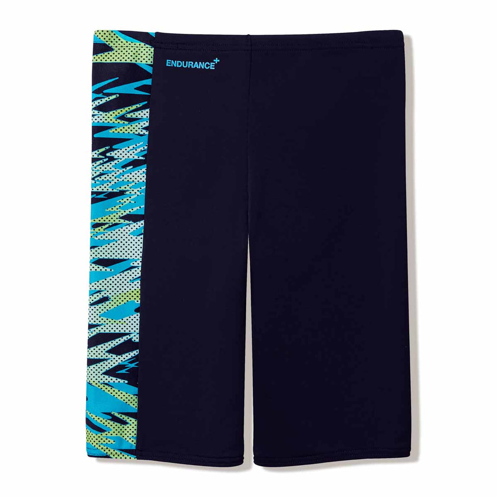 Speedo boys Hyperboom splice jammer in anthracite and hyper teal with a sleek, fitted design for competitive swimming.
