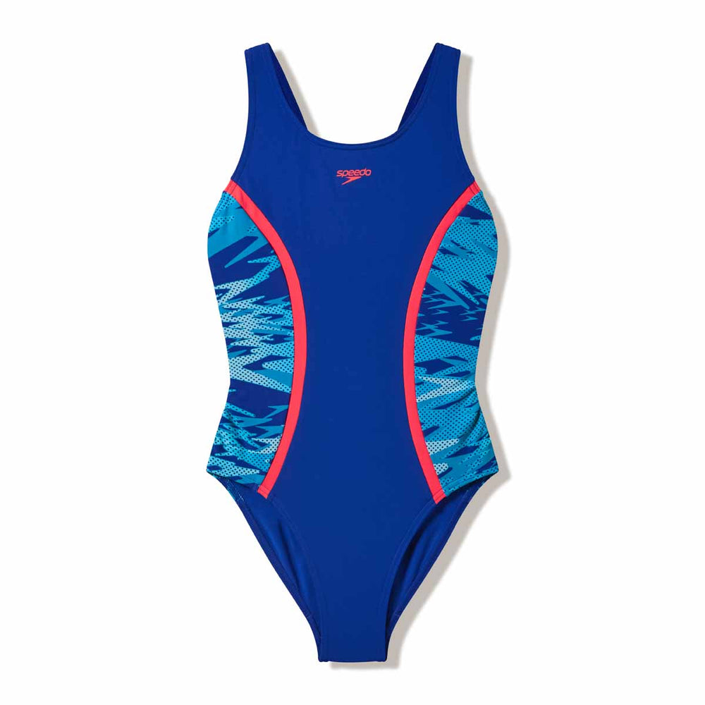 Speedo girls Hyperboom Splice muscleback swimsuit in Night Watch and Hyper Teal with colorful splice design.