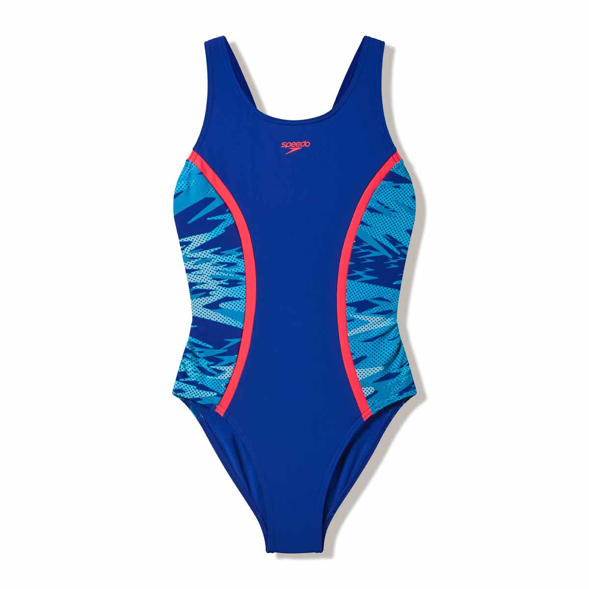 Speedo girls Hyperboom Splice muscleback swimsuit in Night Watch and Hyper Teal with colorful splice design.