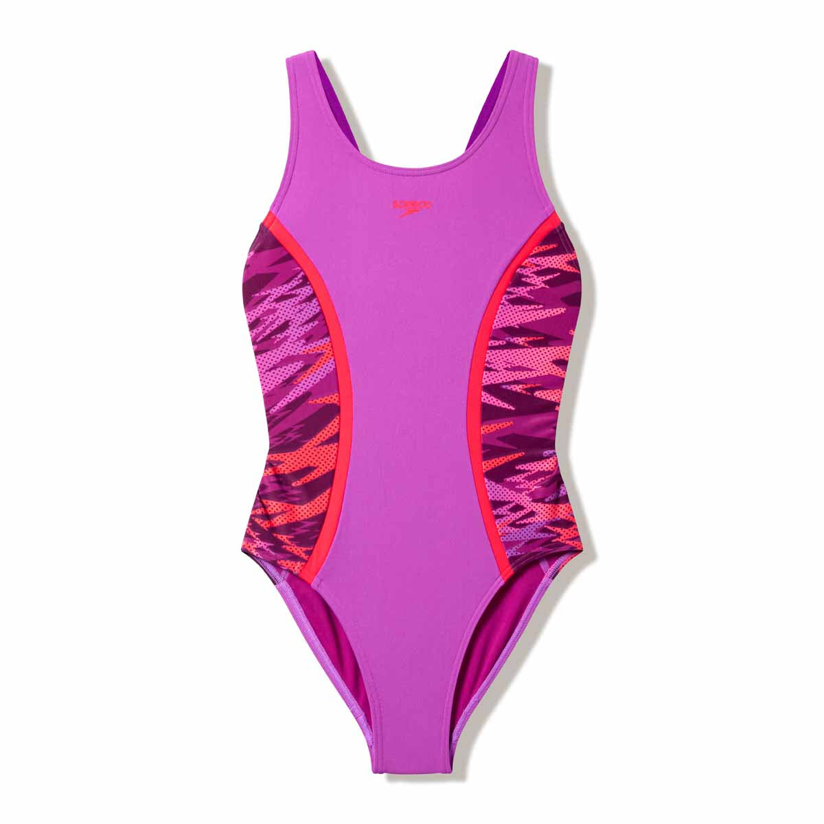 Speedo girls Hyperboom Splice muscleback swimsuit in neon jelly and pink with colorful splice design, suitable for competitive swimming.