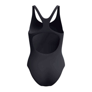 Speedo women's print Medalist swimsuit in anthracite grey with colorful pattern, designed for comfortable swimming.