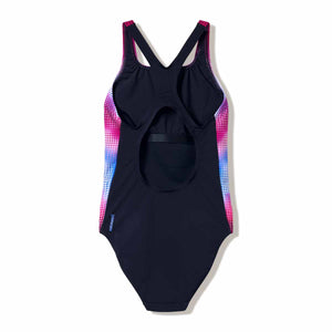 Speedo women's print Medalist swimsuit in anthracite with a sleek, patterned design, suitable for competitive swimming.