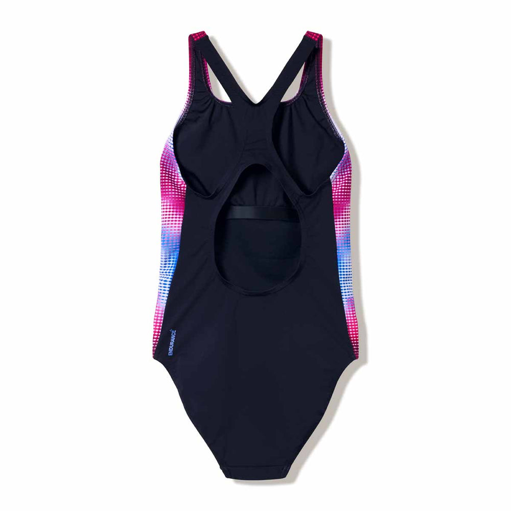 Speedo women's print Medalist swimsuit in anthracite with a sleek, patterned design, suitable for competitive swimming.