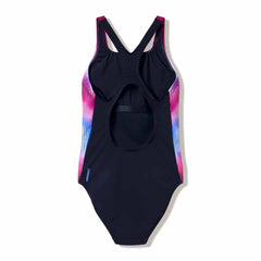 Speedo women's print Medalist swimsuit in anthracite with a sleek, patterned design, suitable for competitive swimming.