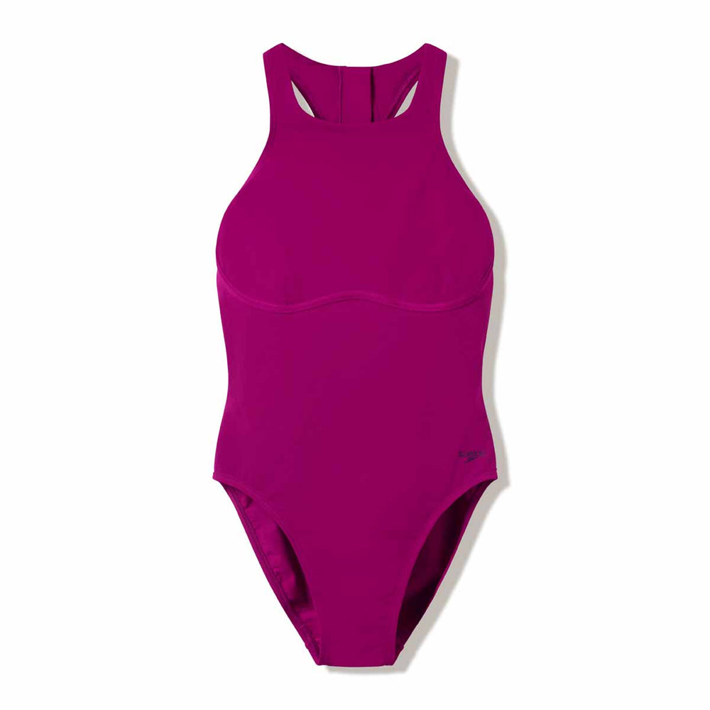 Speedo women's solid racerback zip swimsuit in Berry Cool color, featuring a sleek design and front zipper for active swimming.
