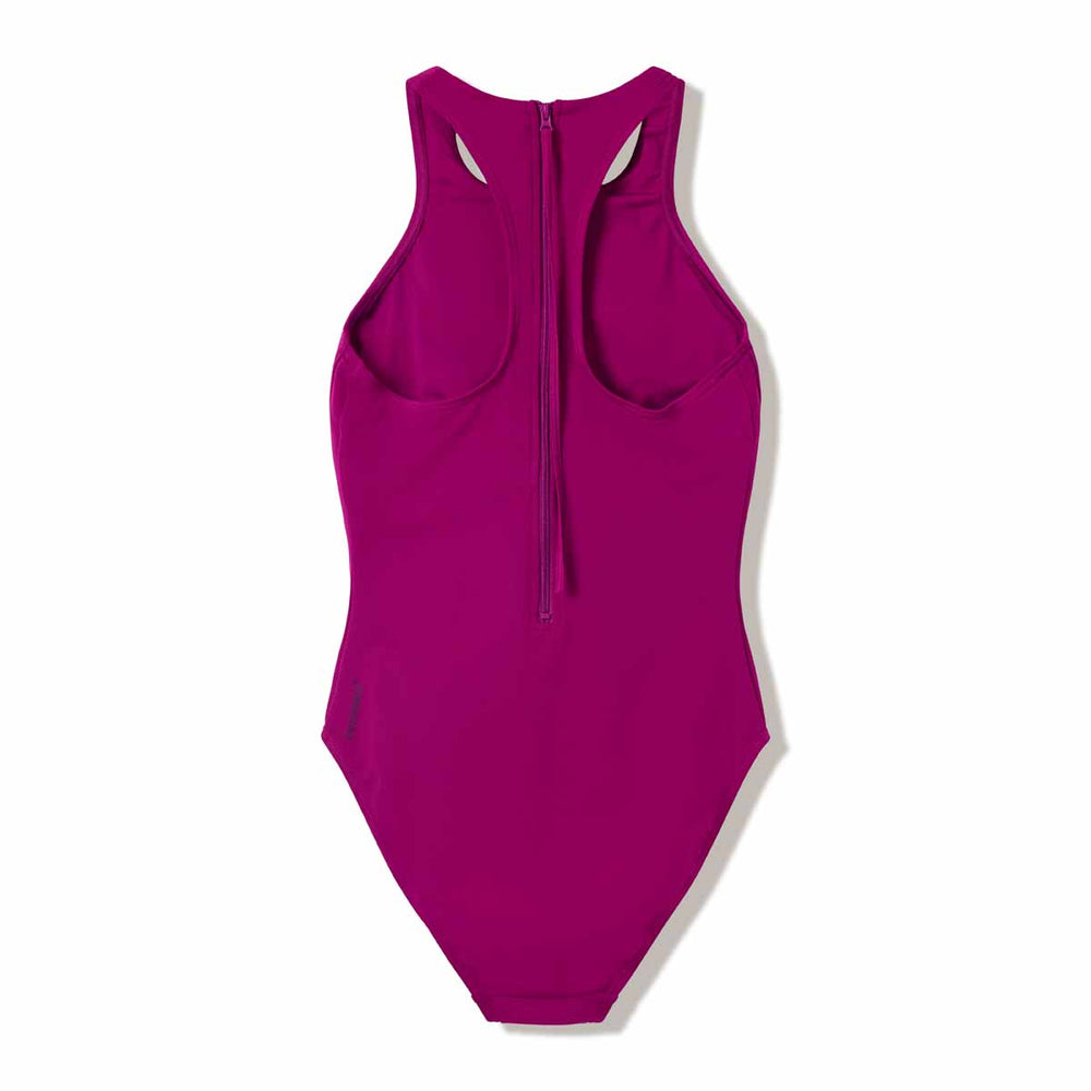 Speedo women's solid racerback zip swimsuit in Berry Cool color, featuring a sleek design and supportive fit.