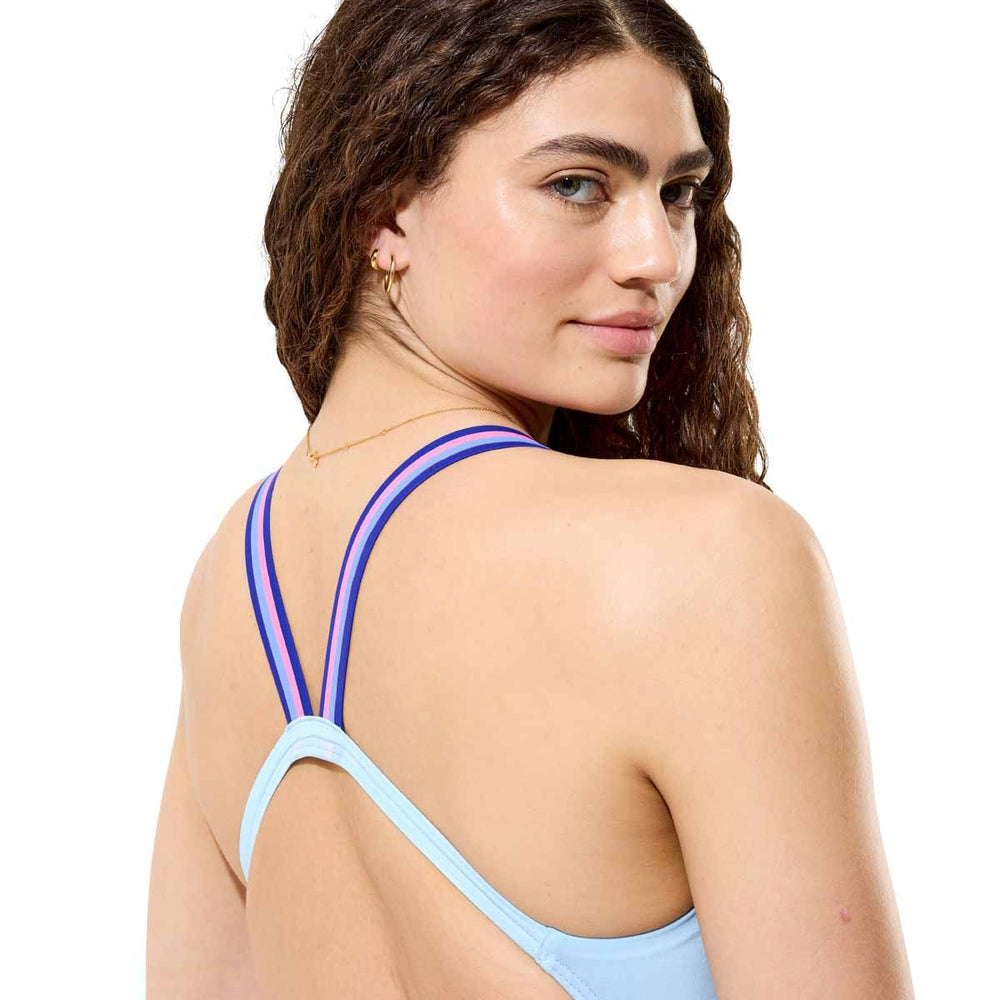 Speedo women's solid comfort V-back swimsuit in navy, featuring a sleek design and supportive fit, perfect for swimming.