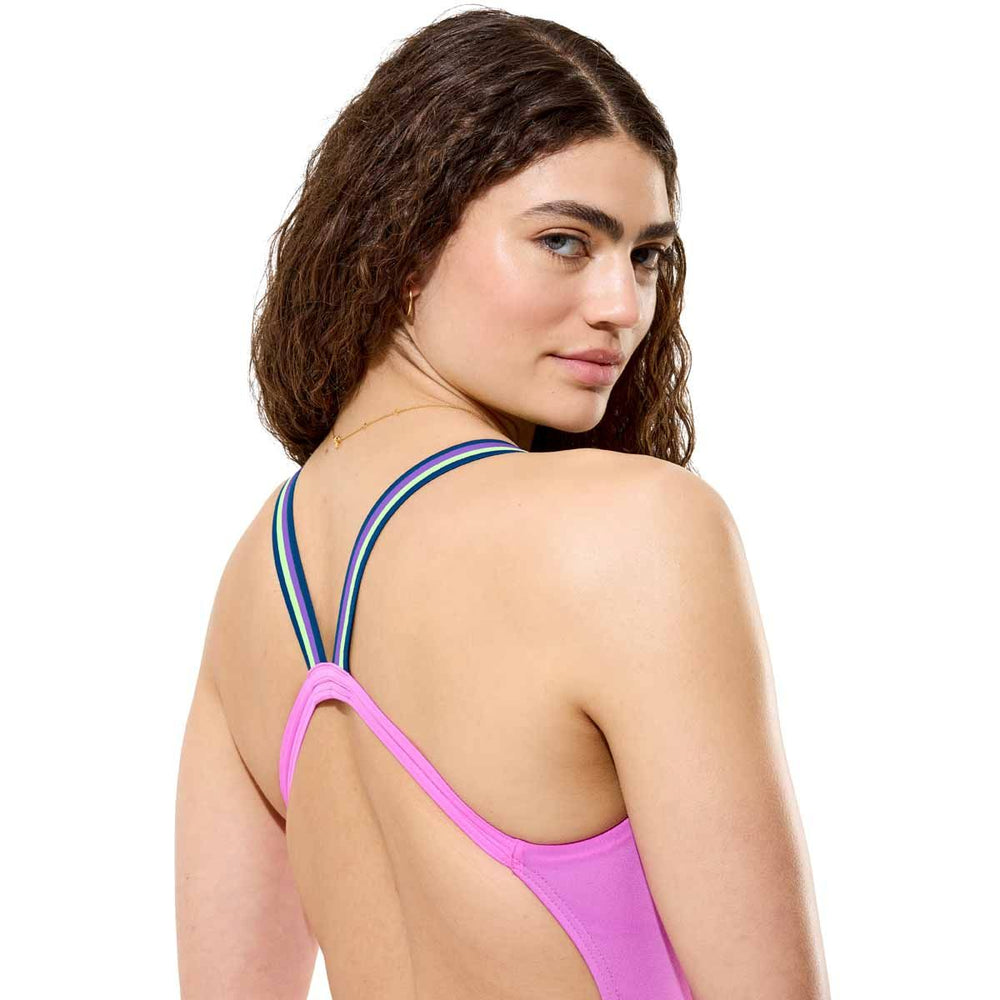 Speedo women's solid comfort V-back swimsuit in orchid shine, featuring a sleek design and supportive fit.