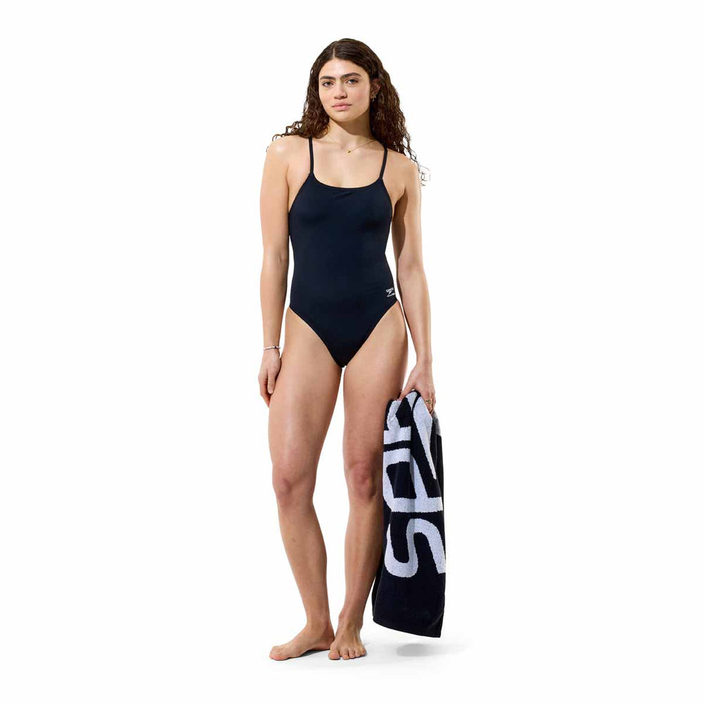 Speedo women's Solid Endurance+ Max Strappy Back swimsuit in black, featuring a sleek design and supportive straps.