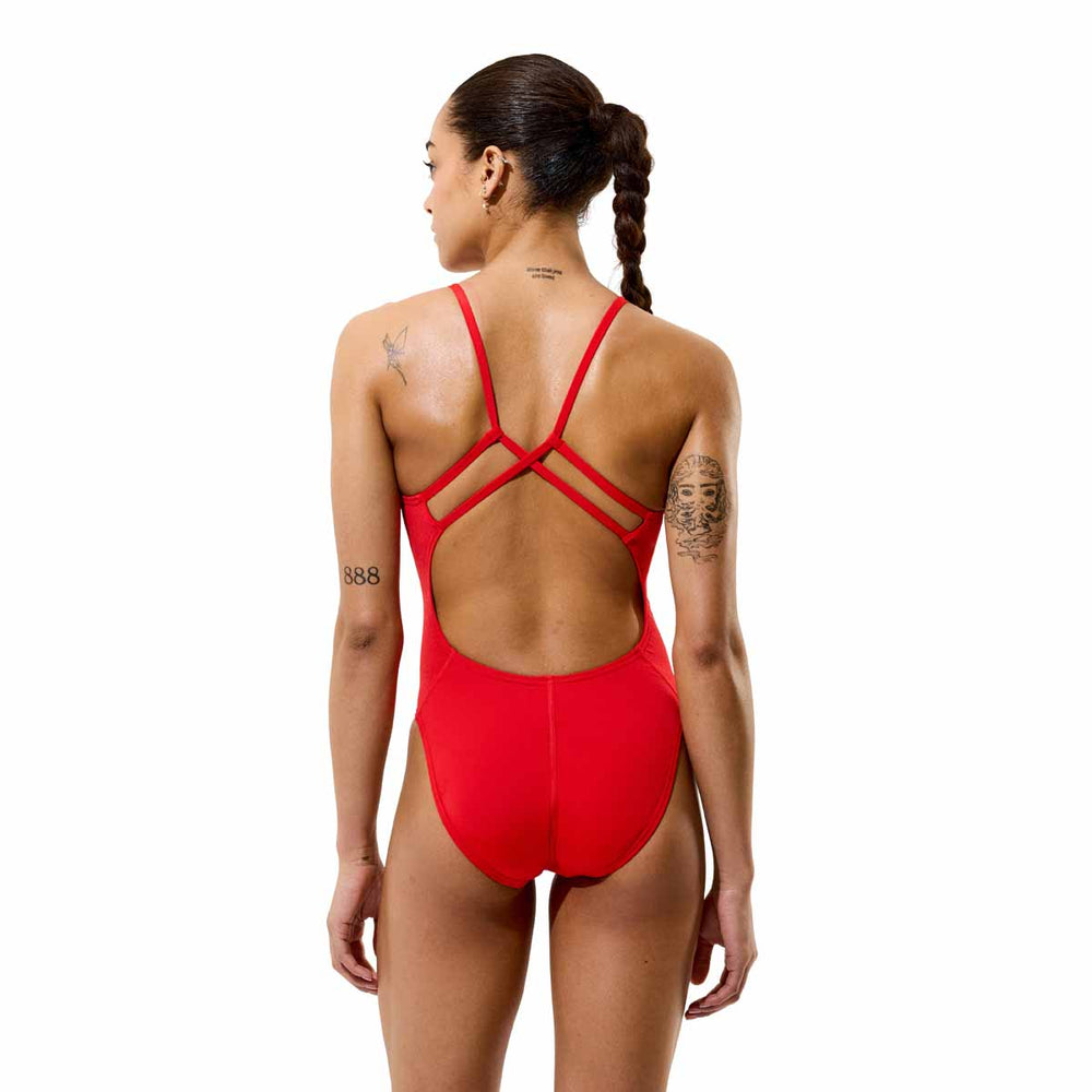 Speedo women's solid red Endurance+ Max Strappy Back swimsuit, showing the sleek design and supportive straps for swimming.