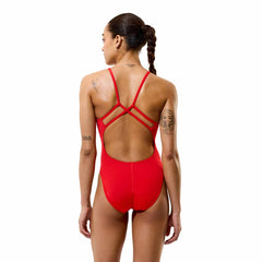 Speedo women's solid red Endurance+ Max Strappy Back swimsuit, showing the sleek design and supportive straps for swimming.