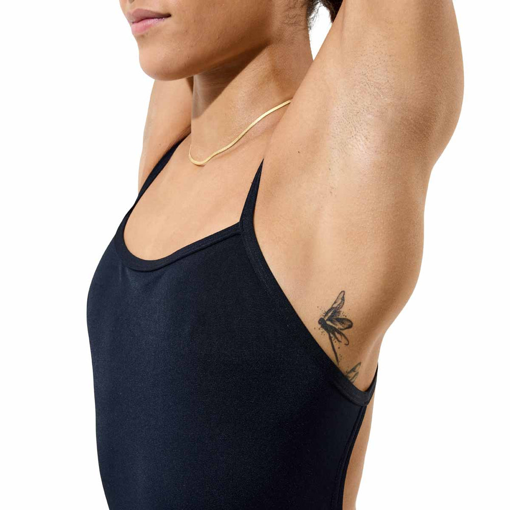 Speedo Women's Solid Endurance+ Max V-Back 2.0 swimsuit in black, featuring a sleek V-back design and supportive fit.