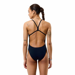 Speedo women's Solid Endurance+ Max V-Back 2.0 swimsuit in black, featuring a sleek design and supportive V-back style.