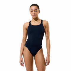 Speedo women's black Endurance+ Max Leaderback swimsuit, sleek one-piece design, ideal for swimming and training.