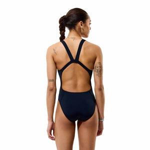 Speedo Women's Solid Endurance+ Max Leaderback Swimsuit in black, featuring a sleek design and supportive fit for competitive swimming.