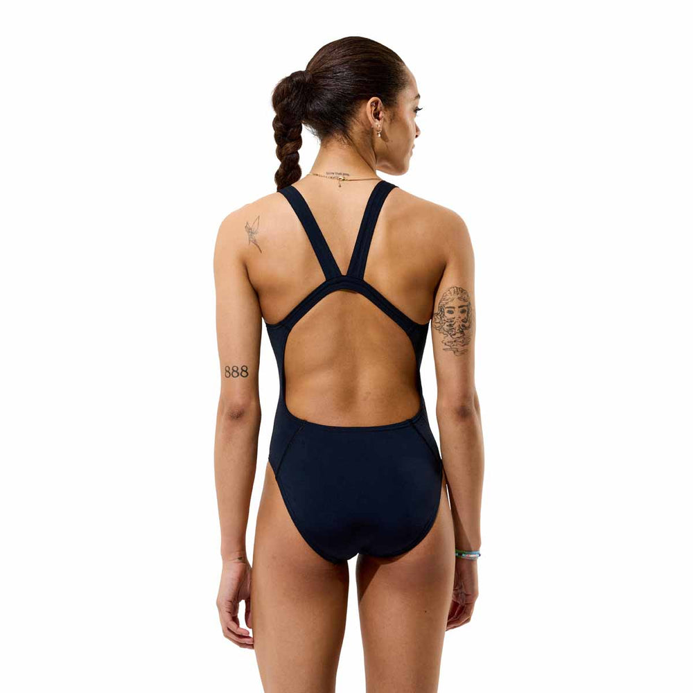 Speedo Women's Solid Endurance+ Max Leaderback Swimsuit in black, featuring a sleek design and supportive fit for competitive swimming.