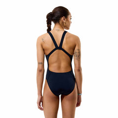 Speedo Women's Solid Endurance+ Max Leaderback Swimsuit in black, featuring a sleek design and supportive fit for competitive swimming.