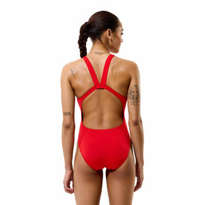 Speedo women's Solid Endurance+ Max Leaderback swimsuit in Team Red, featuring a sleek design and supportive fit.