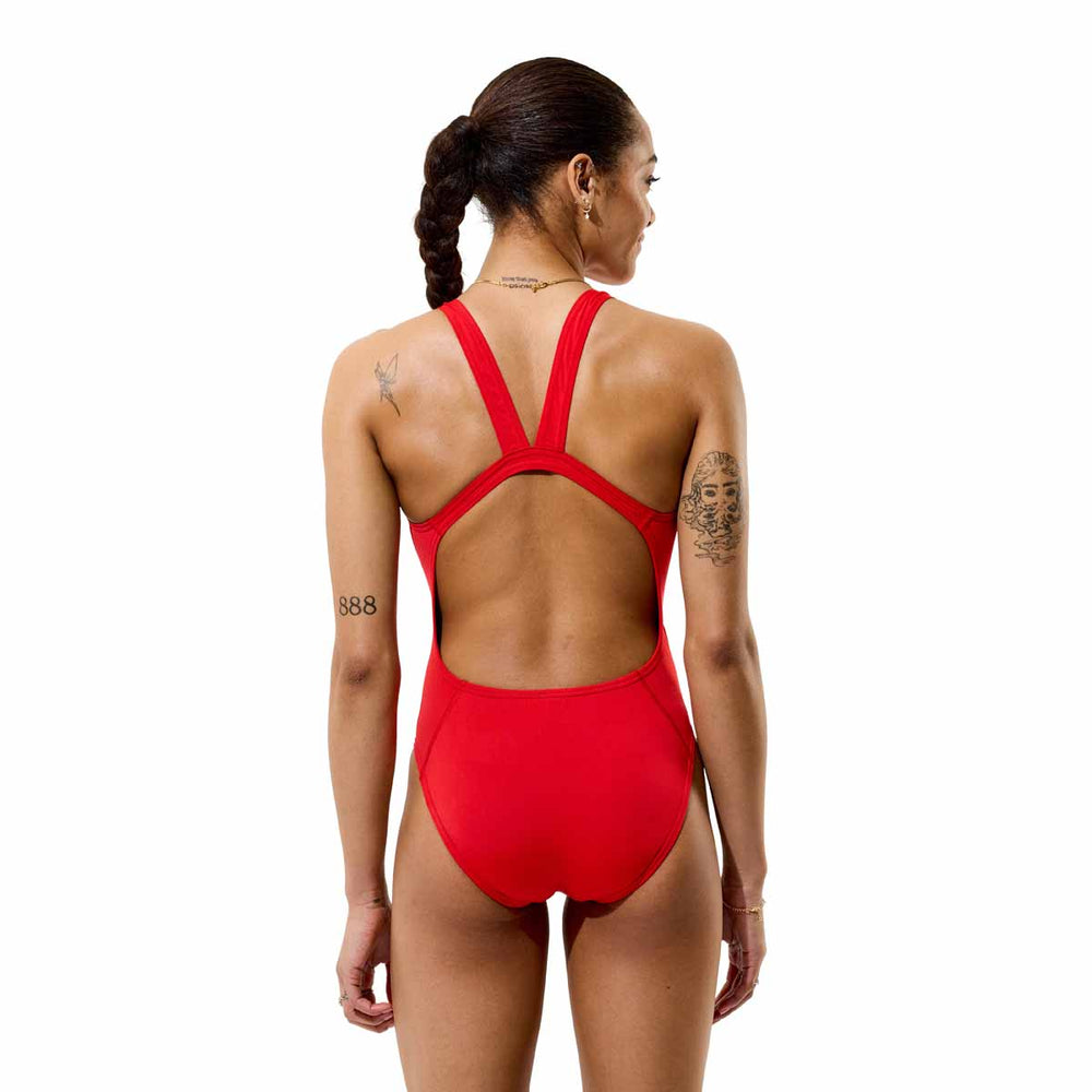 Speedo women's Solid Endurance+ Max Leaderback swimsuit in Team Red, featuring a sleek design and supportive fit.