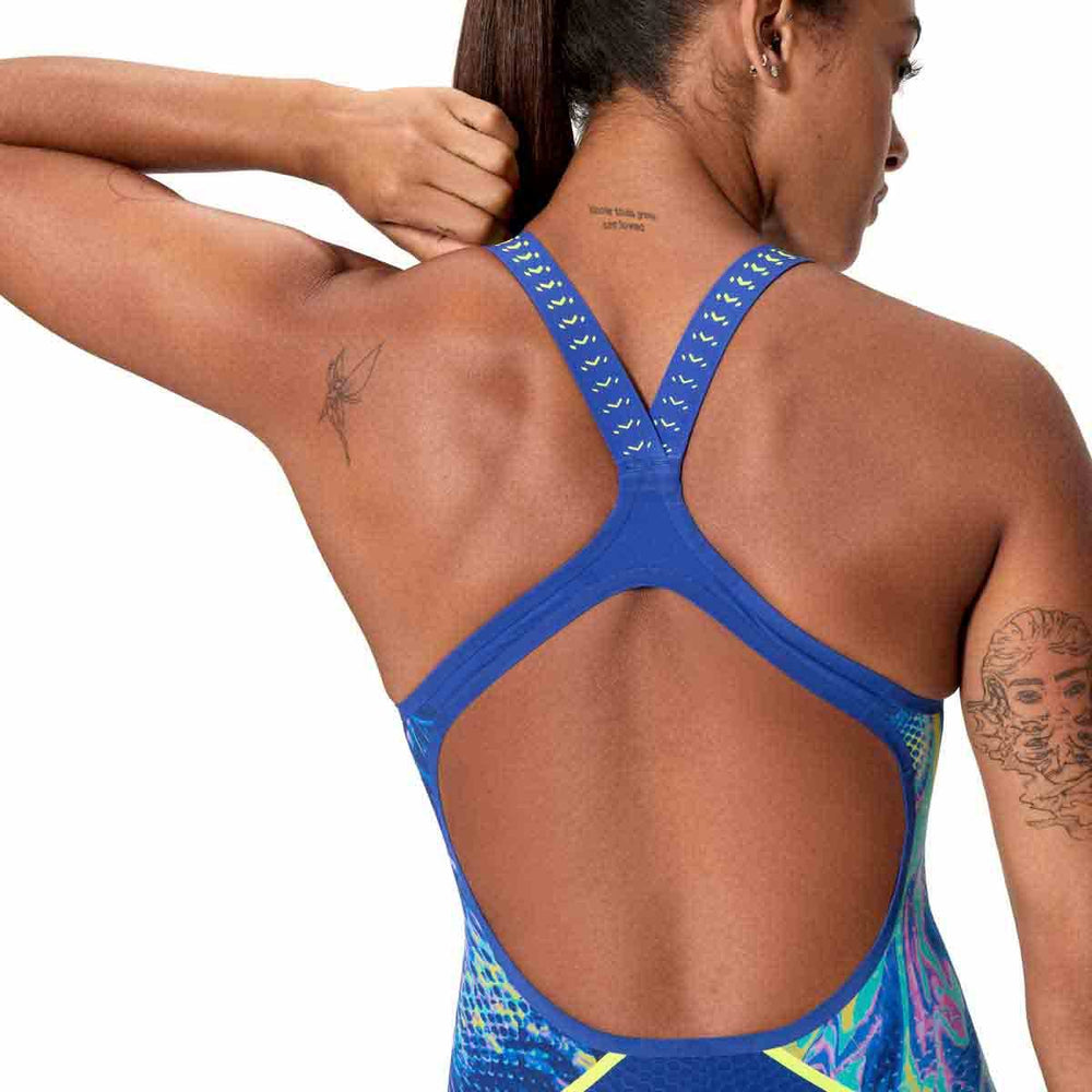 Speedo Women's Fastskin LZR Pure Intent 2.0 openback kneeskin swimsuit in blue and multi-color design.