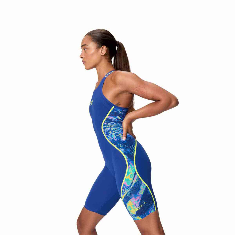 Speedo Women's Fastskin LZR Pure Intent 2.0 openback kneesuit in blue and multi-color, designed for competitive swimming.
