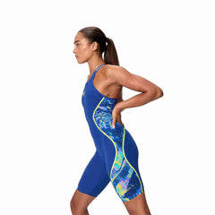 Speedo Women's Fastskin LZR Pure Intent 2.0 openback kneesuit in blue and multi-color, designed for competitive swimming.