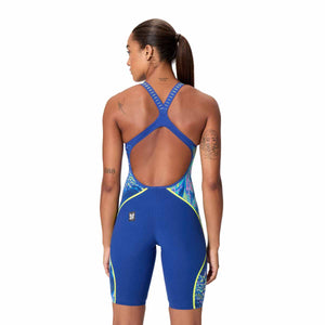 Speedo Women's Fastskin LZR Pure Intent 2.0 openback kneesuit in blue and multi colors, designed for competitive swimming.