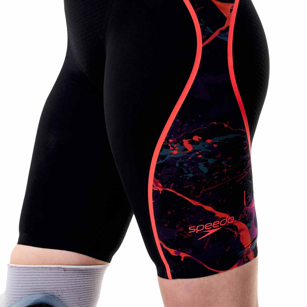 Speedo Women's Fastskin LZR Pure Intent 2.0 printed openback kneesuit in black with ember and flare details, designed for competitive swimming.